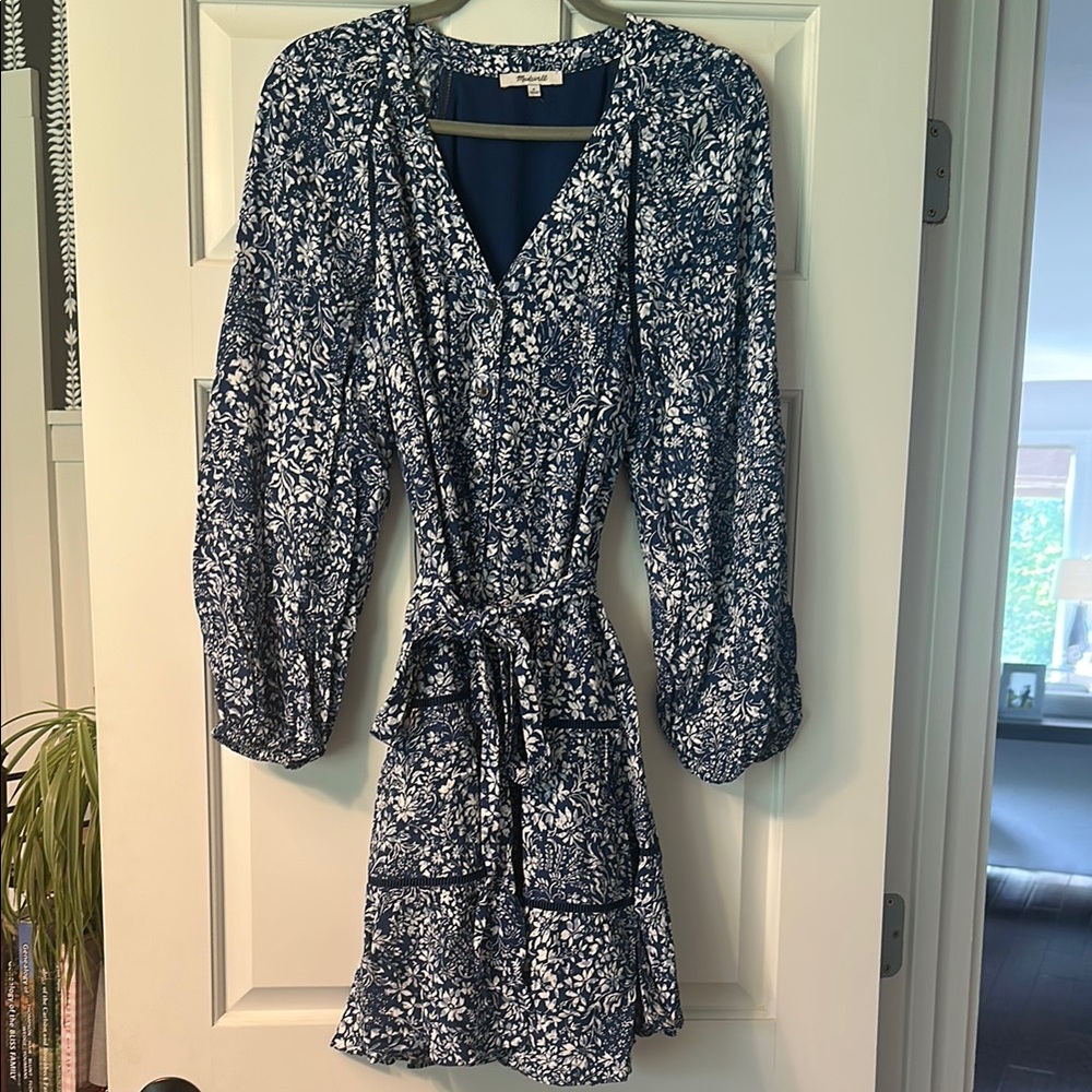 Madewell Blue and White Wrap Sundress with Bishop Sleeves
